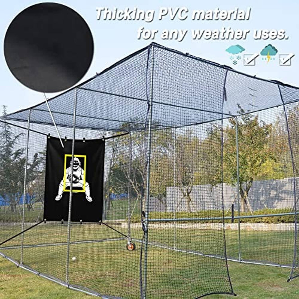 Black PVC baseball target banner with catcher graphic and secured grommets