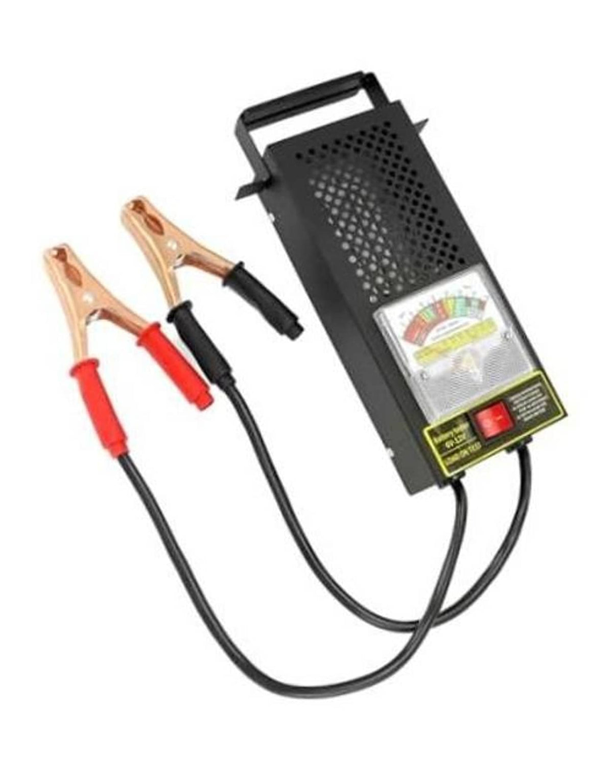 Battery load tester kit with black meter face, two clamp leads, and carrying handle