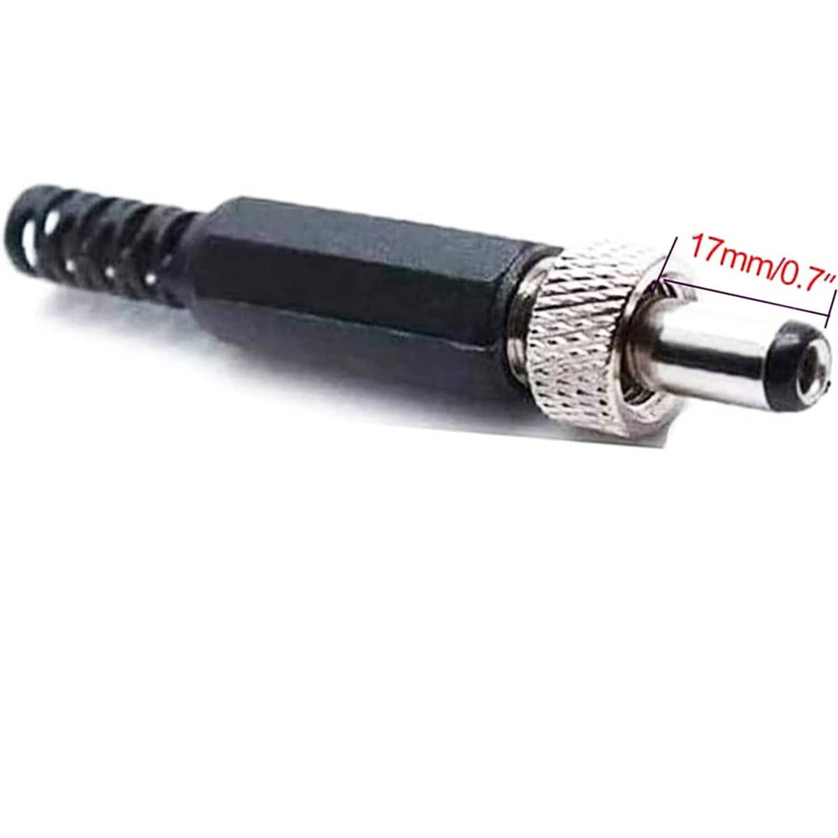 2.5x5.5mm DC male power plug with solder pin barrel and knurled grip, black