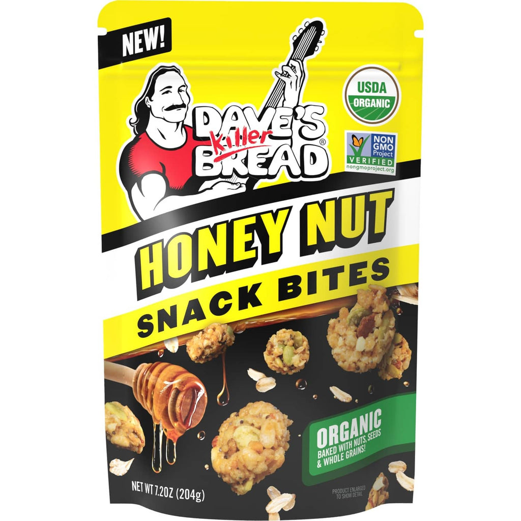 Dave's Killer Bread Honey Nut Snack Bites pouch, USDA Organic whole grain snacks