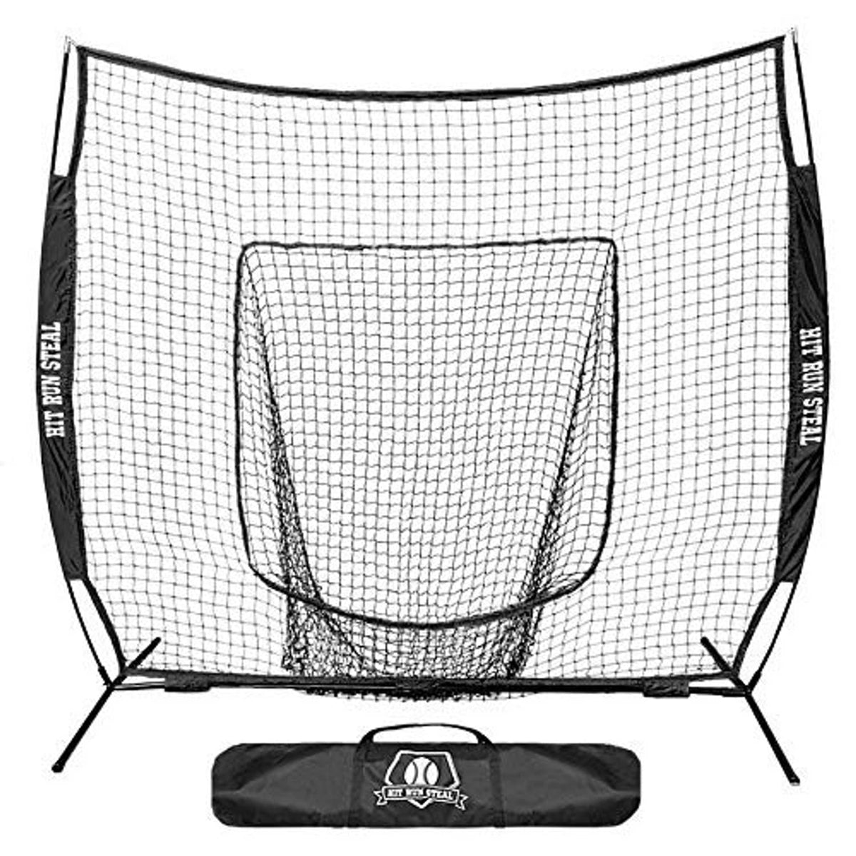 7x7 baseball practice net with white mesh and black frame, front pocket and carry case