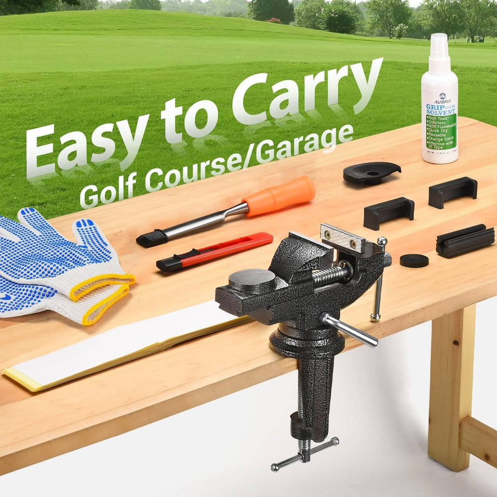 Golf grip regripping kit items on a bench: black vise, gloves, tools, and grip solvent