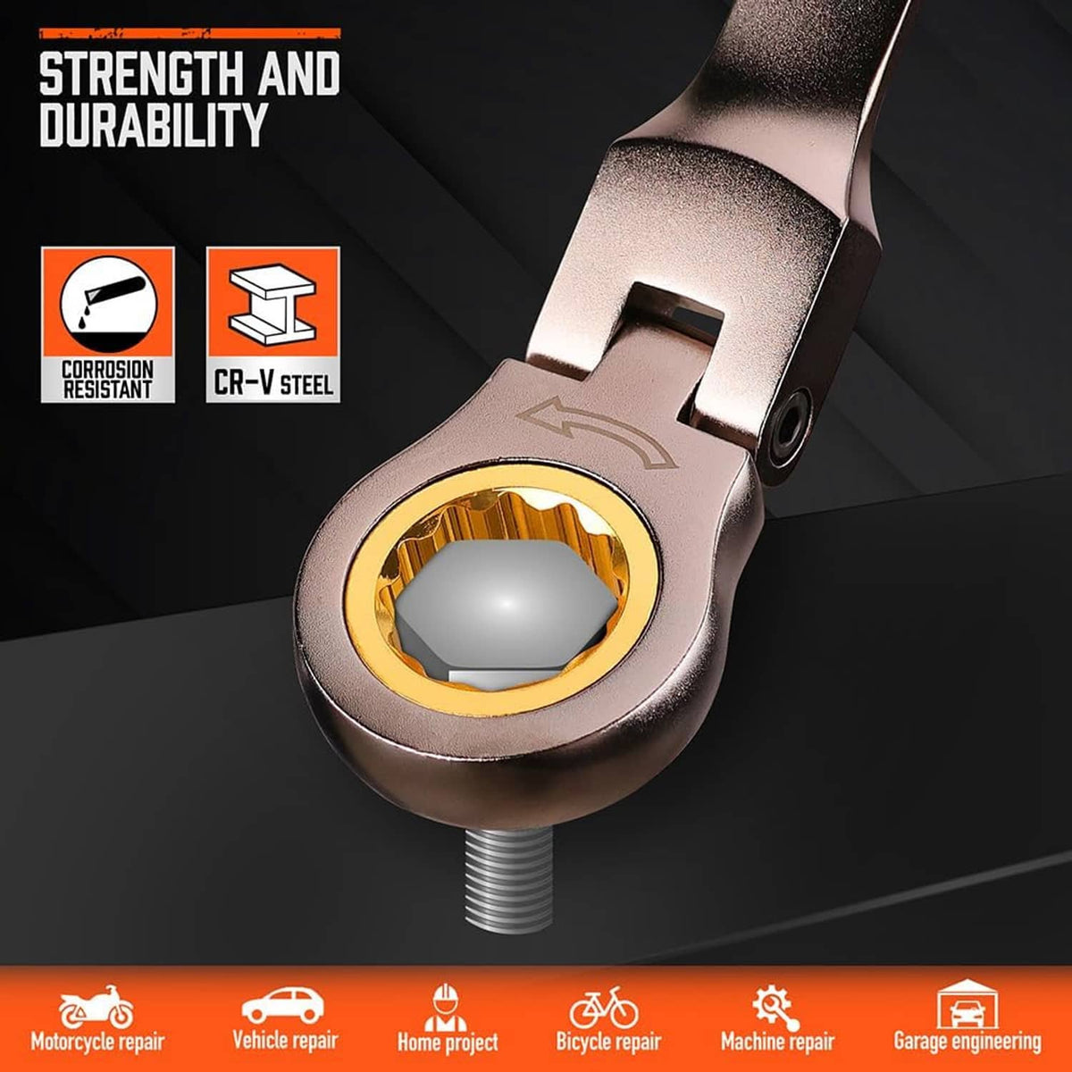 Flexible-head ratcheting wrench, silver head with gold drive ring and threaded handle end
