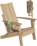 Folding tan Adirondack patio chair with slatted back, angled seat, and side cup holder