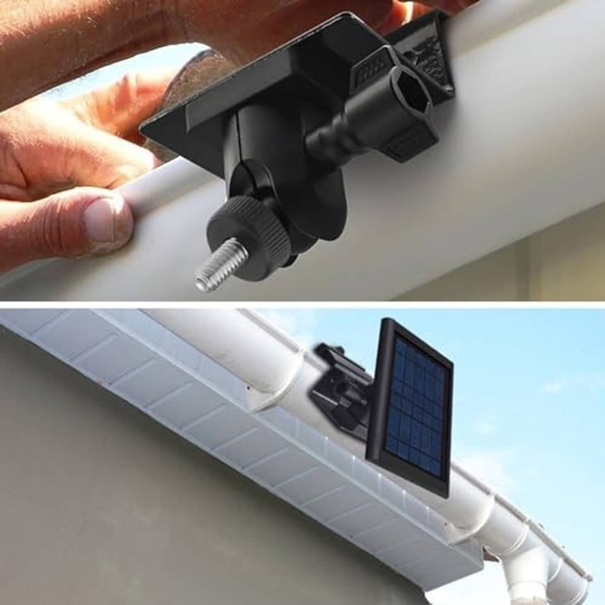 Black adjustable gutter mount bracket attached to eave, holding a solar panel