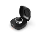 Black wireless charging case with open lid and charging dock for a small ring