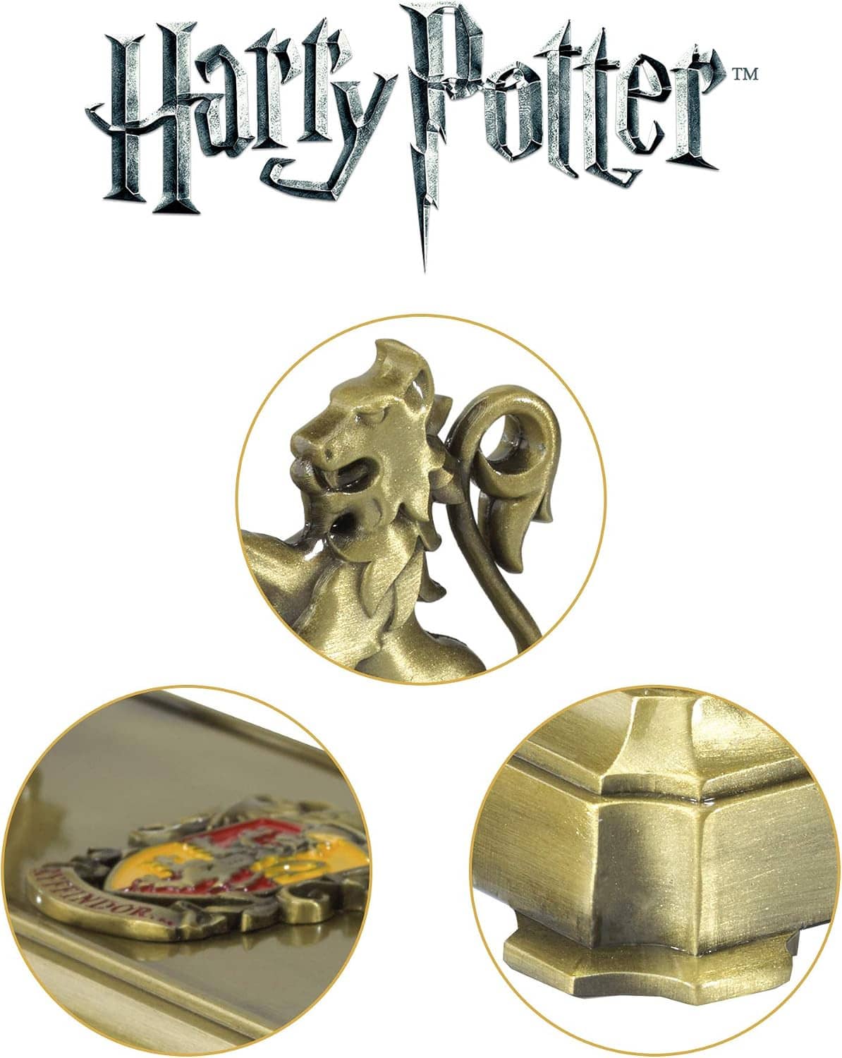 Gryffindor wand stand close-ups of gold gryphon emblem, base corner, and crest tile