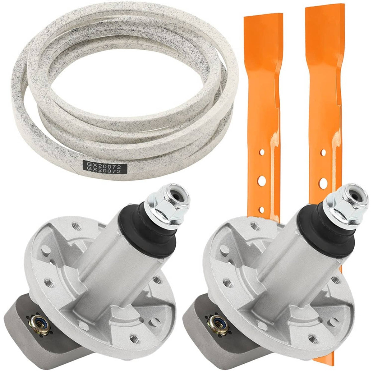 Deck spindle blade belt kit with two spindle assemblies, orange blades, and serpentine belt