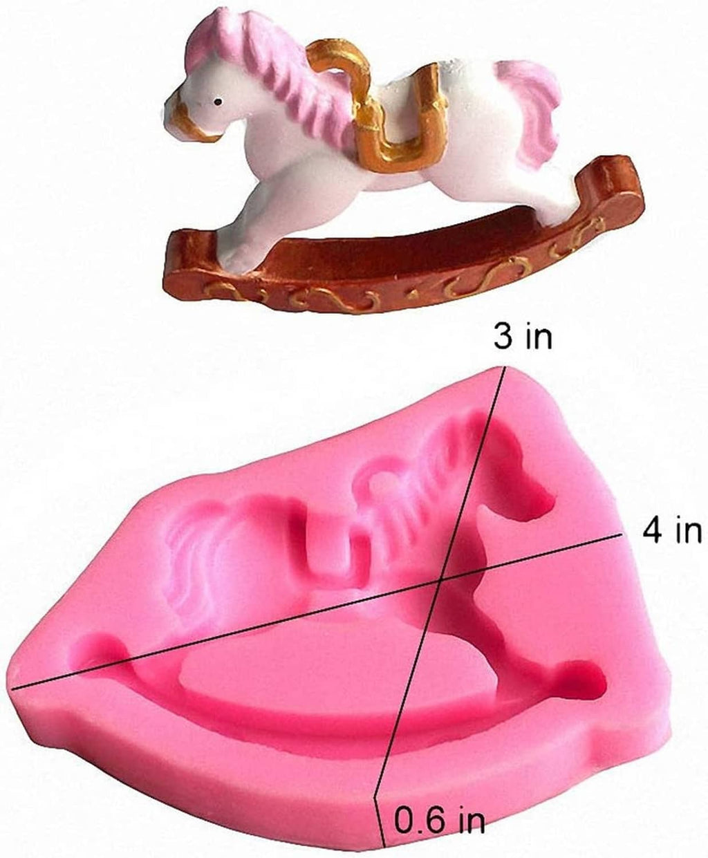 Pink silicone rocking horse mold with finished horse figurine and size markers.