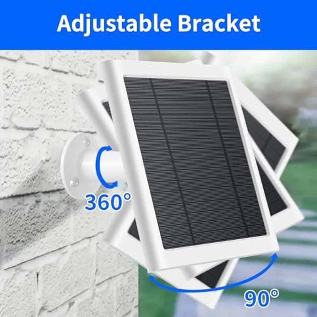Adjustable solar panel mount with 90° and 360° bracket for wall camera setup