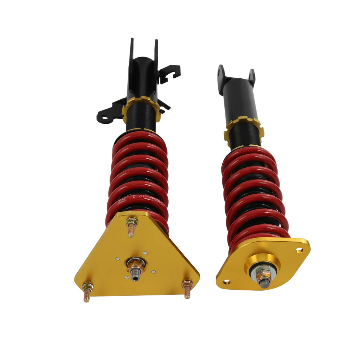 Two coilover supports with red springs, black bodies, gold mounting plates