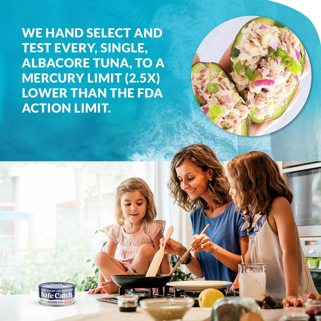 Safe Catch wild albacore tuna can on table, no salt added