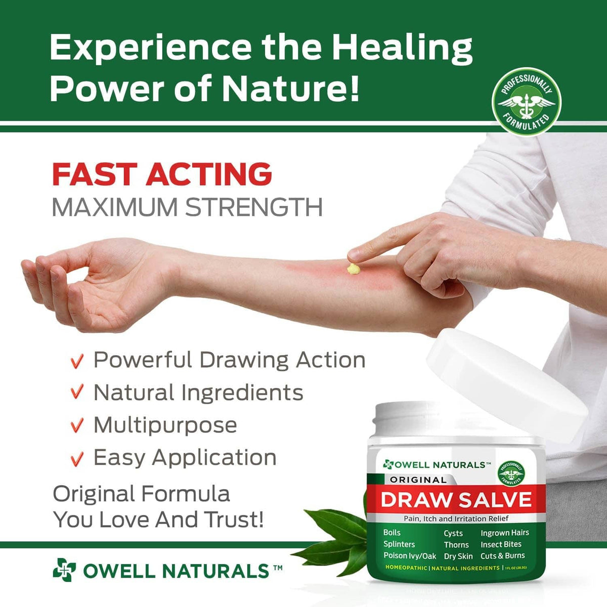 Drawing salve ointment jar with white lid and hands applying a small dot