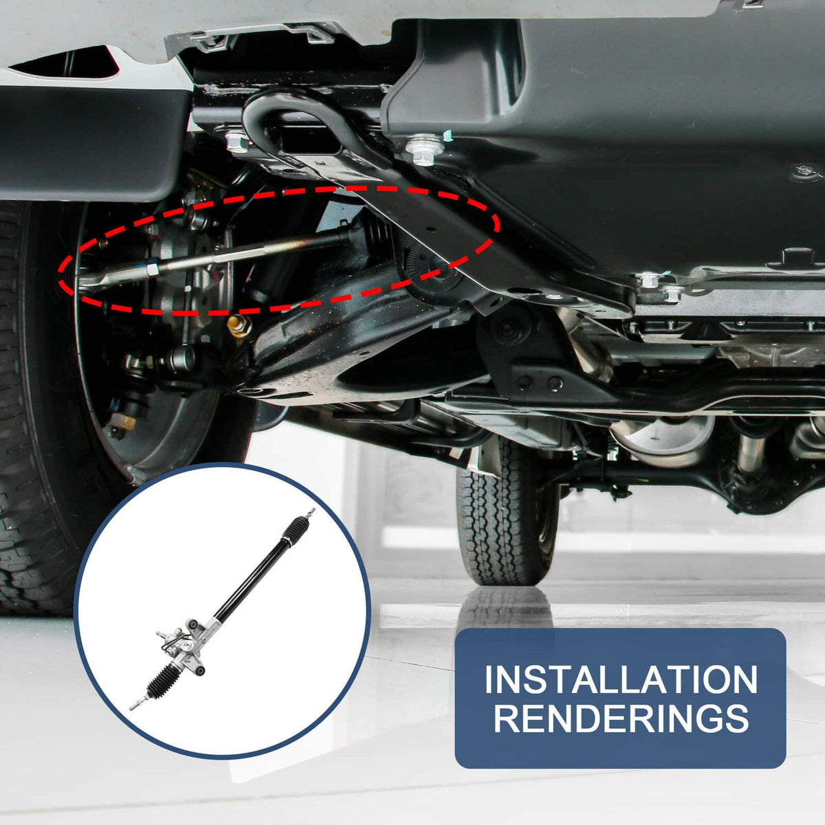 Power steering rack installation view with highlighted steering linkage components