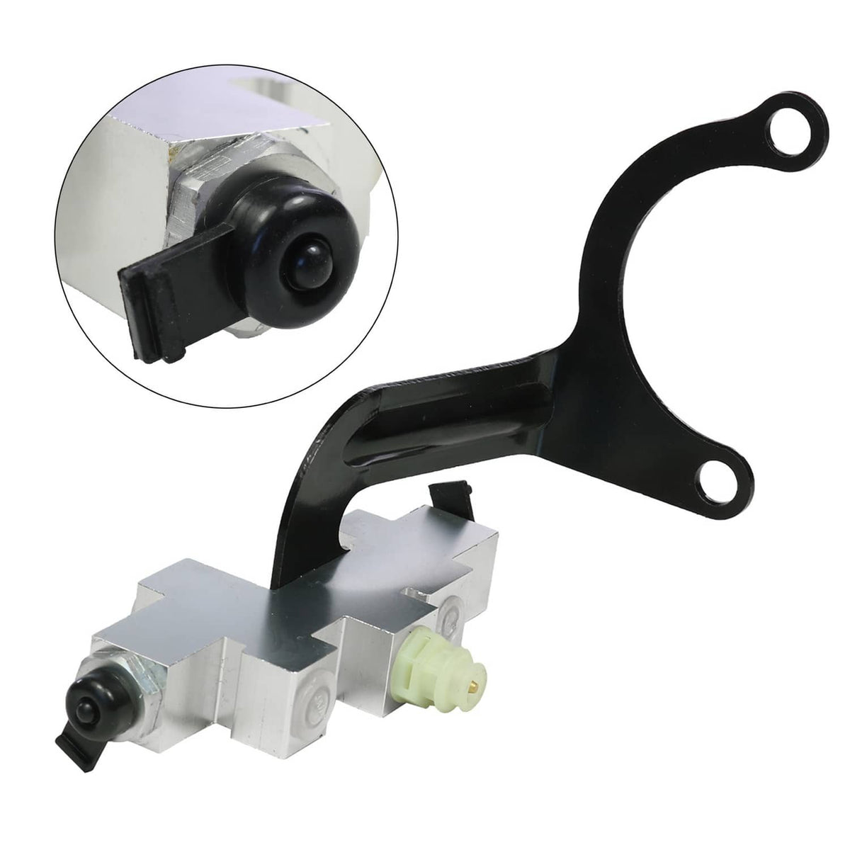 Brake proportioning valve with black bracket and silver housing, green plastic connector