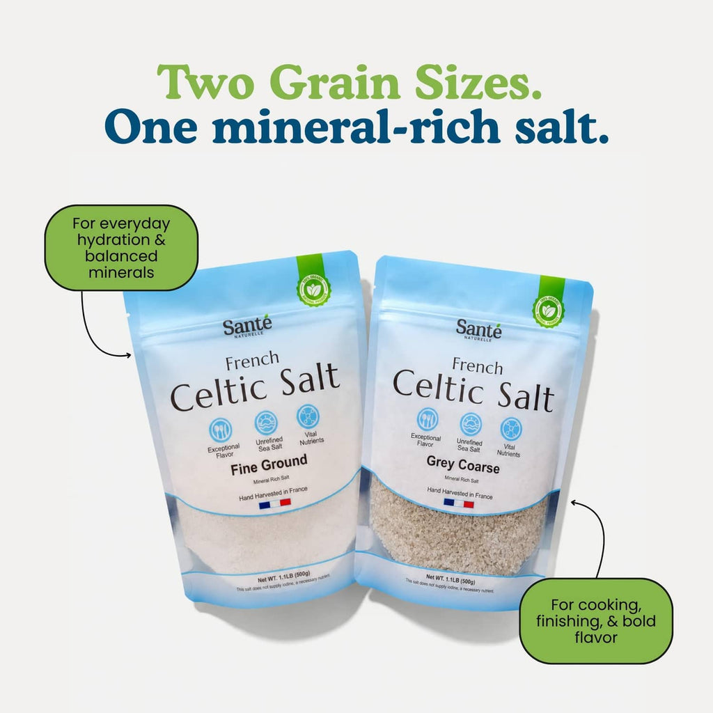 Two salt pouches, fine ground and grey coarse Celtic salt, side by side