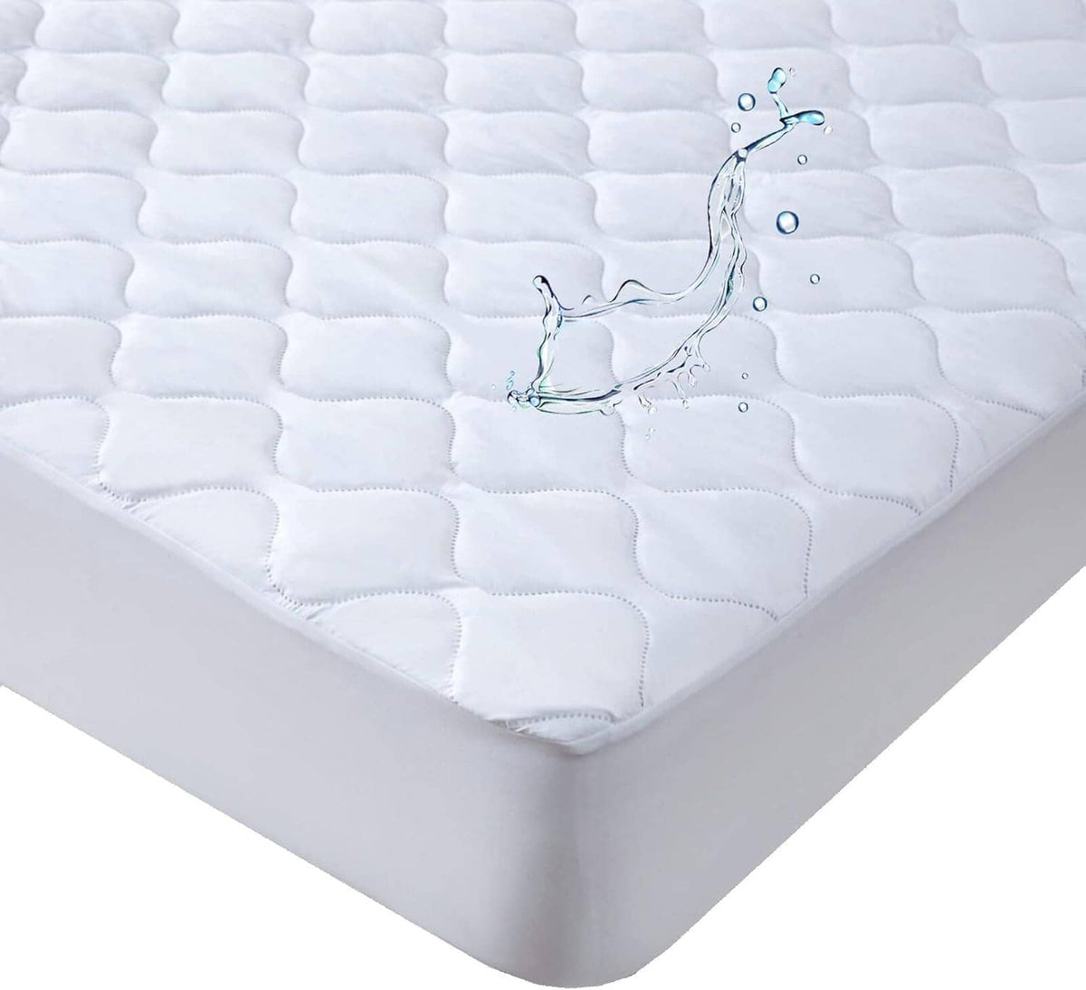 Waterproof mattress protector pad, white with quilted surface and splash protection
