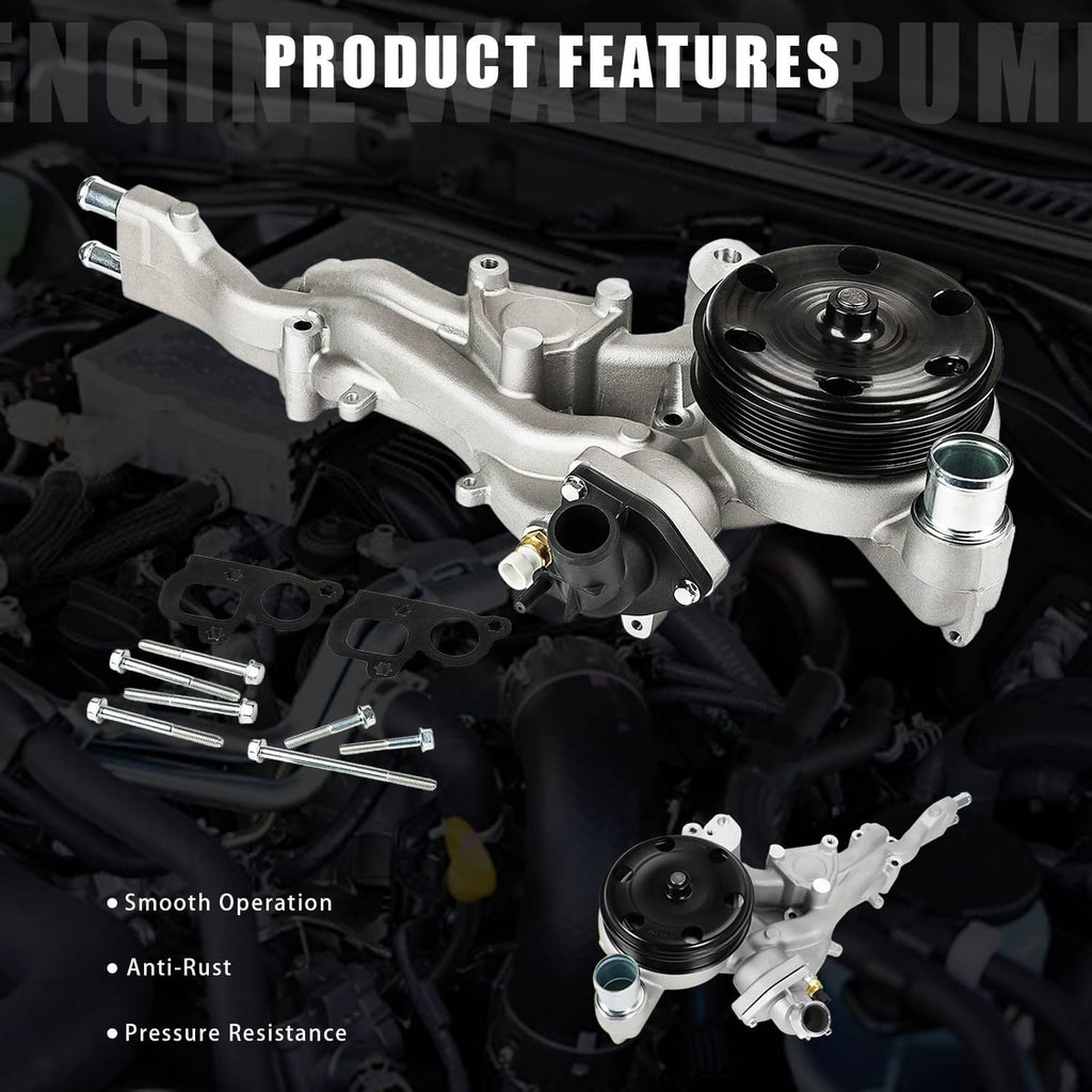 Water pump with thermostat, silver assembly with black pulley and included mounting hardware