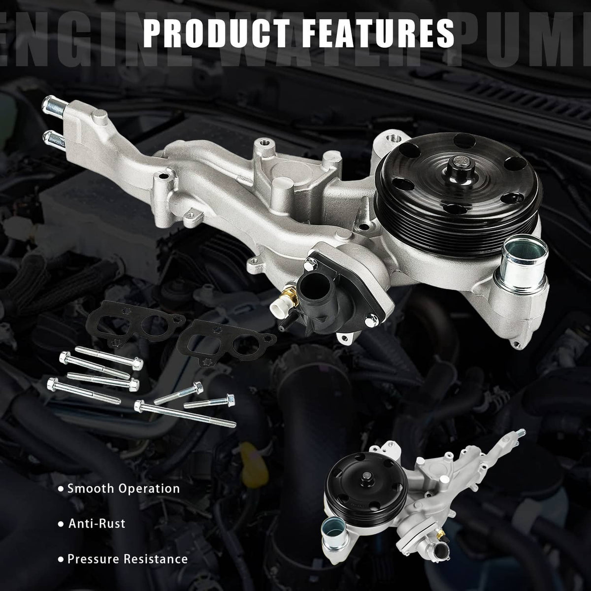 Water pump with thermostat, silver assembly with black pulley and included mounting hardware