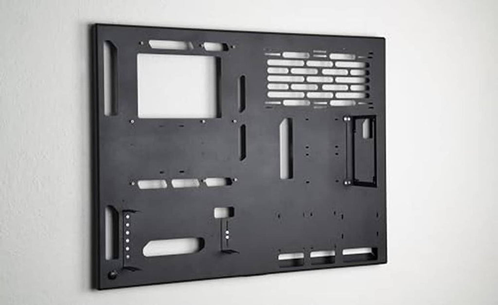 Wall-mounted gaming PC case back panel, black with vent cutouts and mounting holes