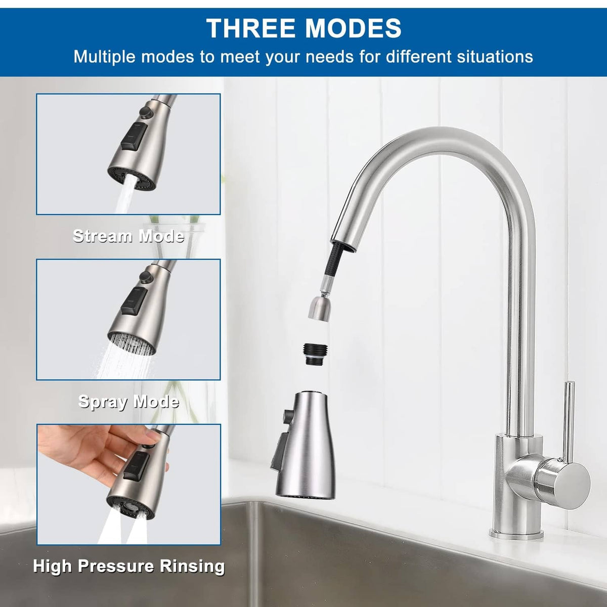 Kitchen sink faucet head replacement showing three spray modes in brushed nickel