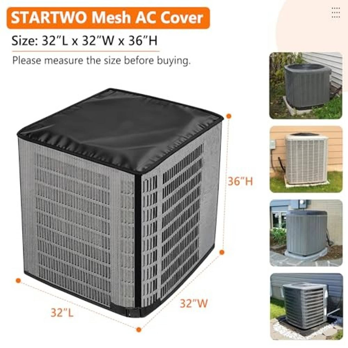 Rectangular mesh air conditioner cover with black top, corner tie straps, rolled cover