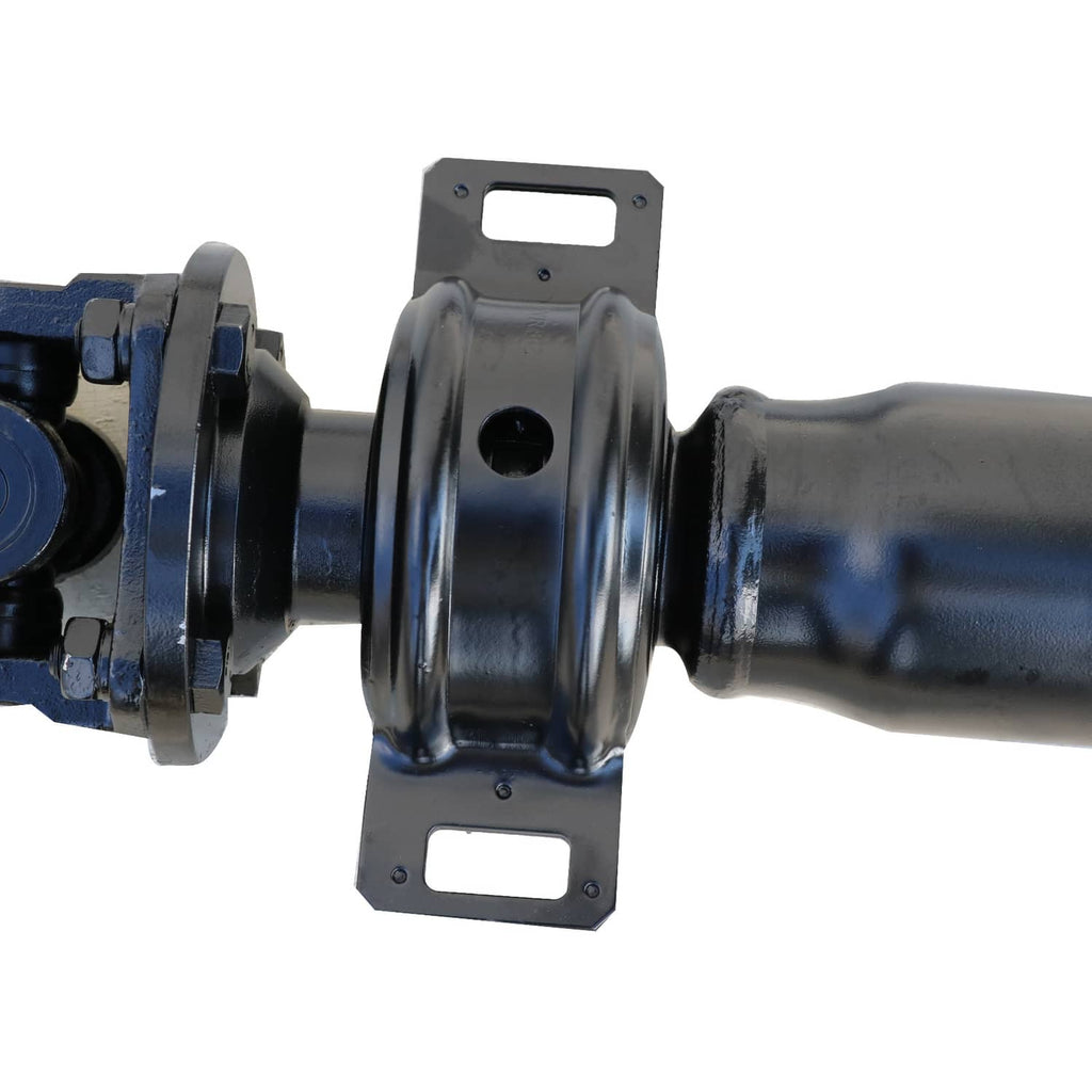 Rear driveshaft bearing housing with metal strap brackets and bolt openings