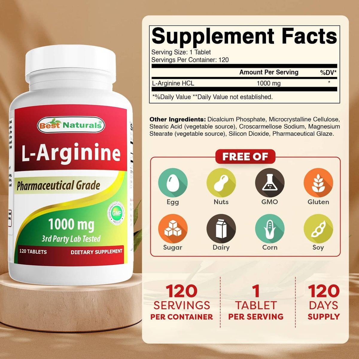 Best Naturals L-Arginine 1000 mg supplement bottle with Supplement Facts panel