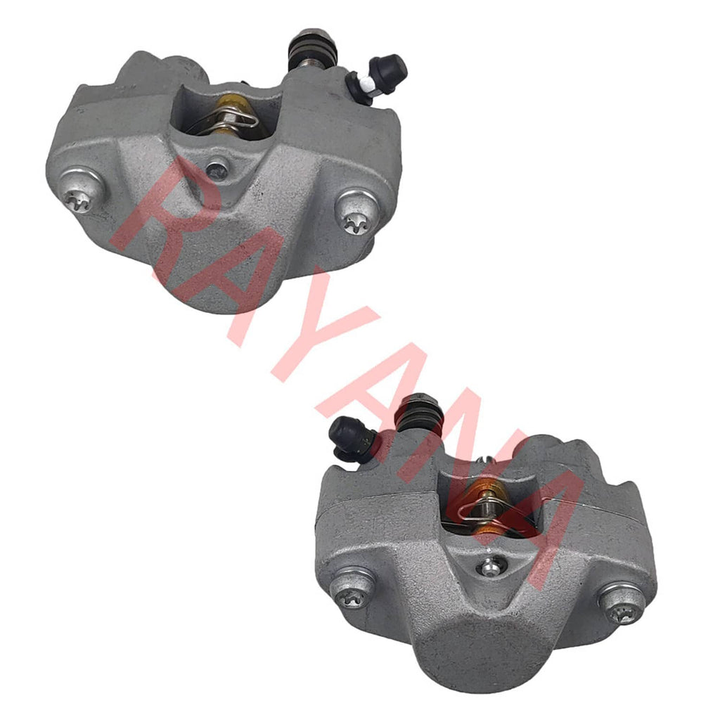 Front brake caliper with brake pads, gray housing, visible bleed screw and fittings