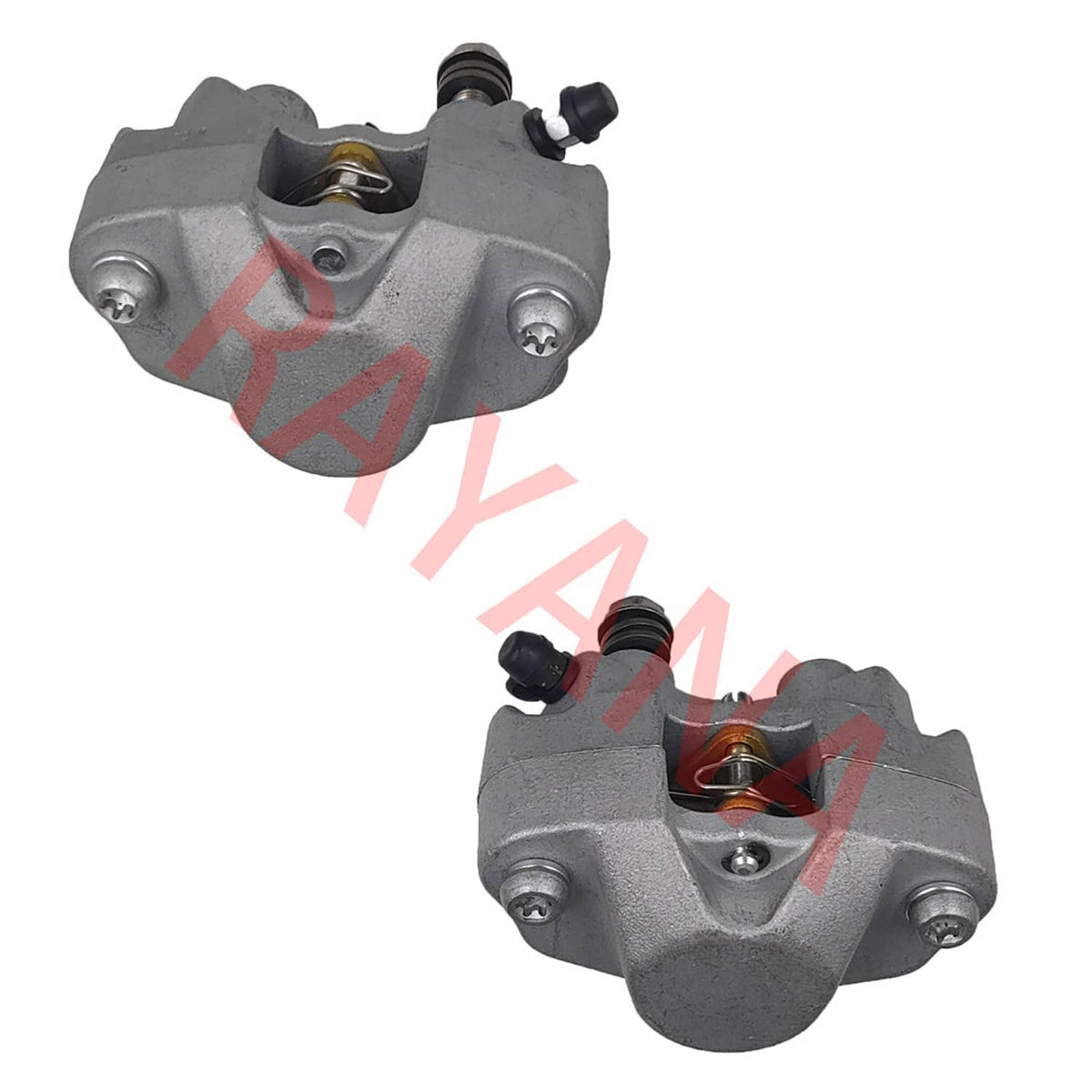 Front brake caliper with brake pads, gray housing, visible bleed screw and fittings