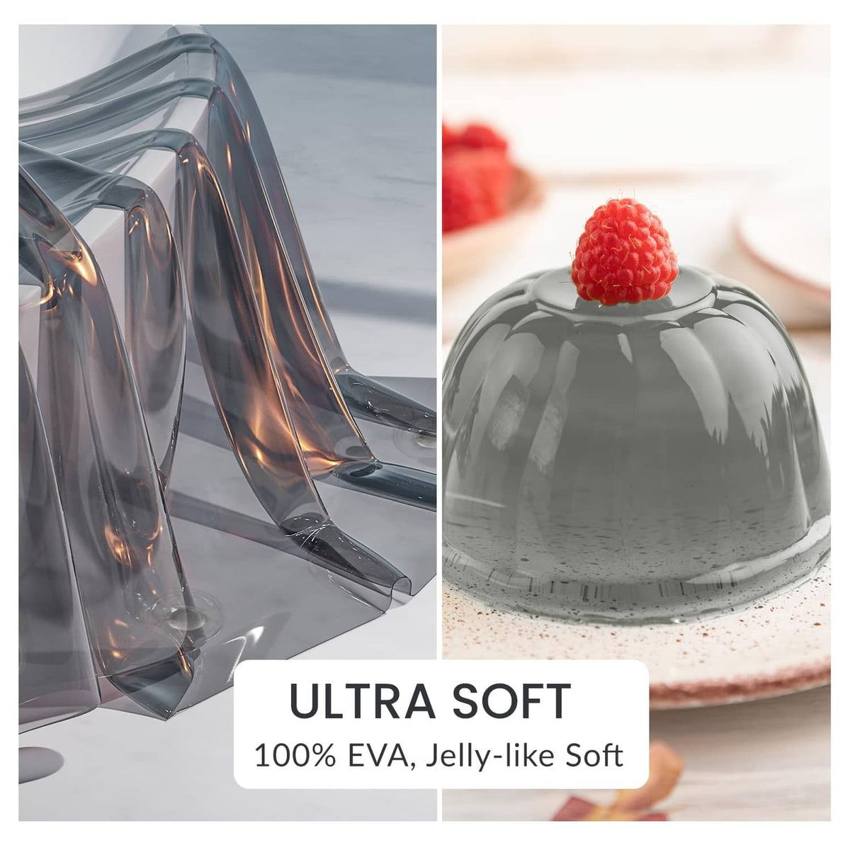 Grey clear EVA shower curtain fabric drape with glossy, jelly-like texture
