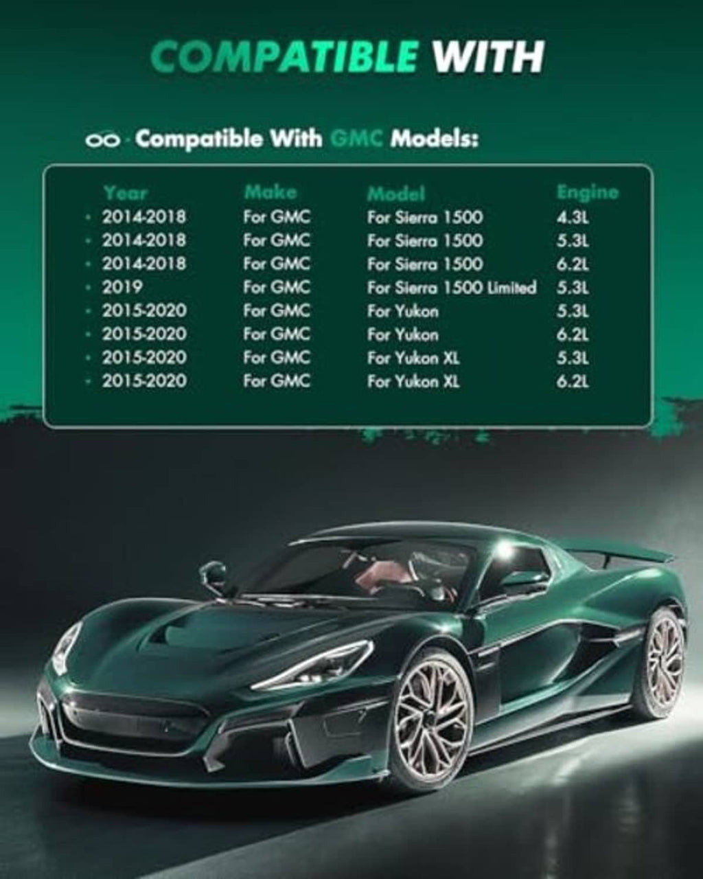 Brake pad kit compatibility graphic with highlighted list and sports car image