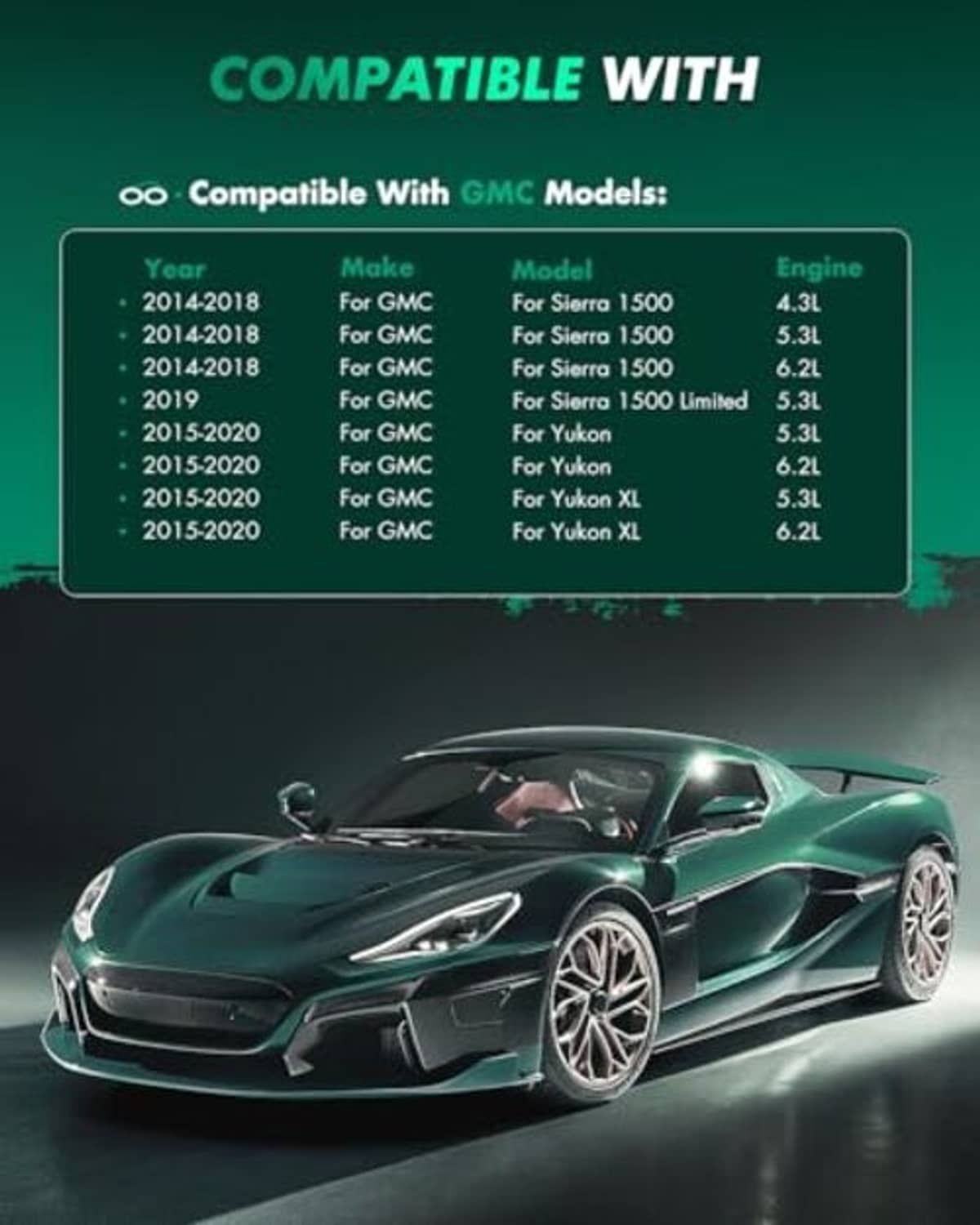 Brake pad kit compatibility graphic with highlighted list and sports car image