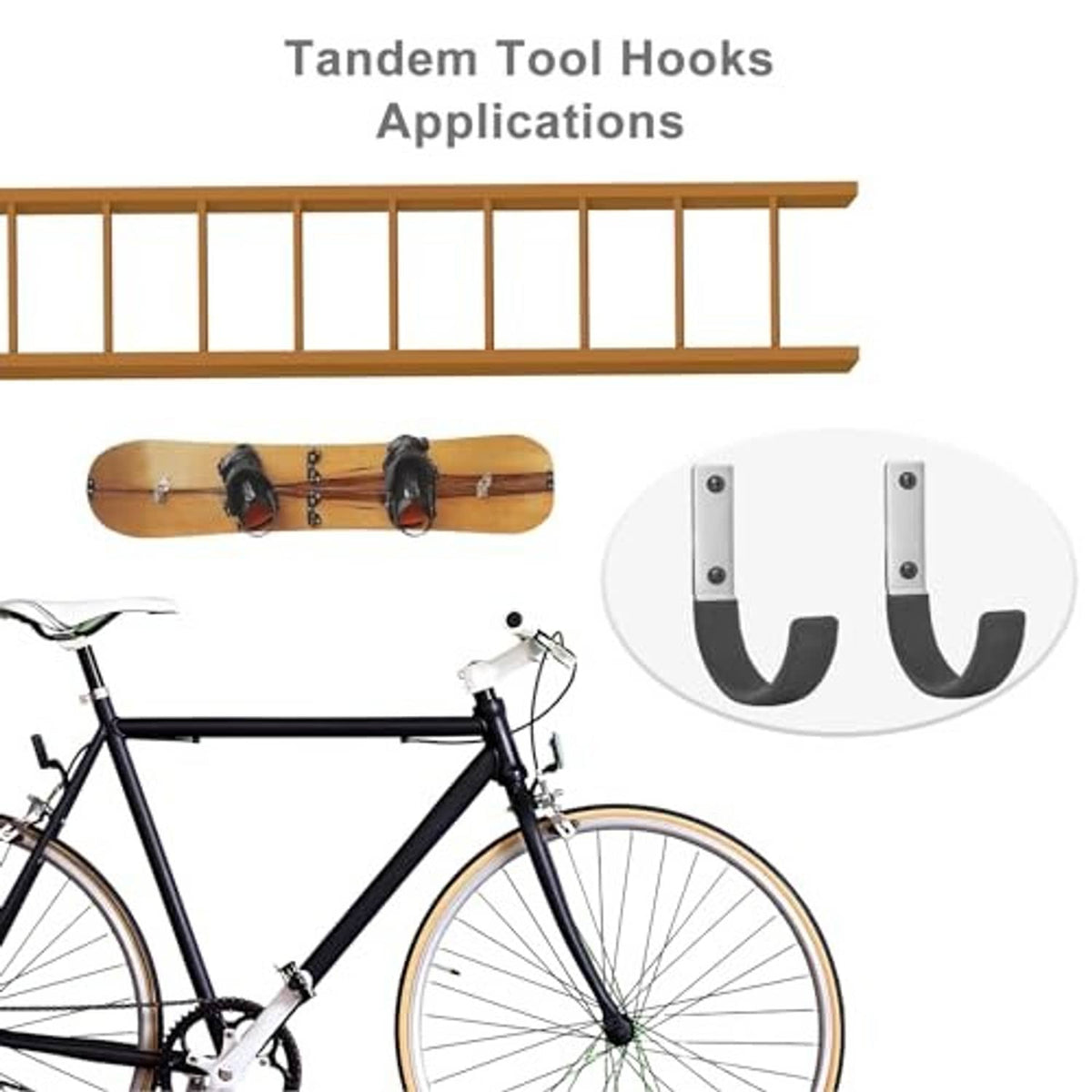 Two curved tool hooks with black grips and silver mounting plates for storage