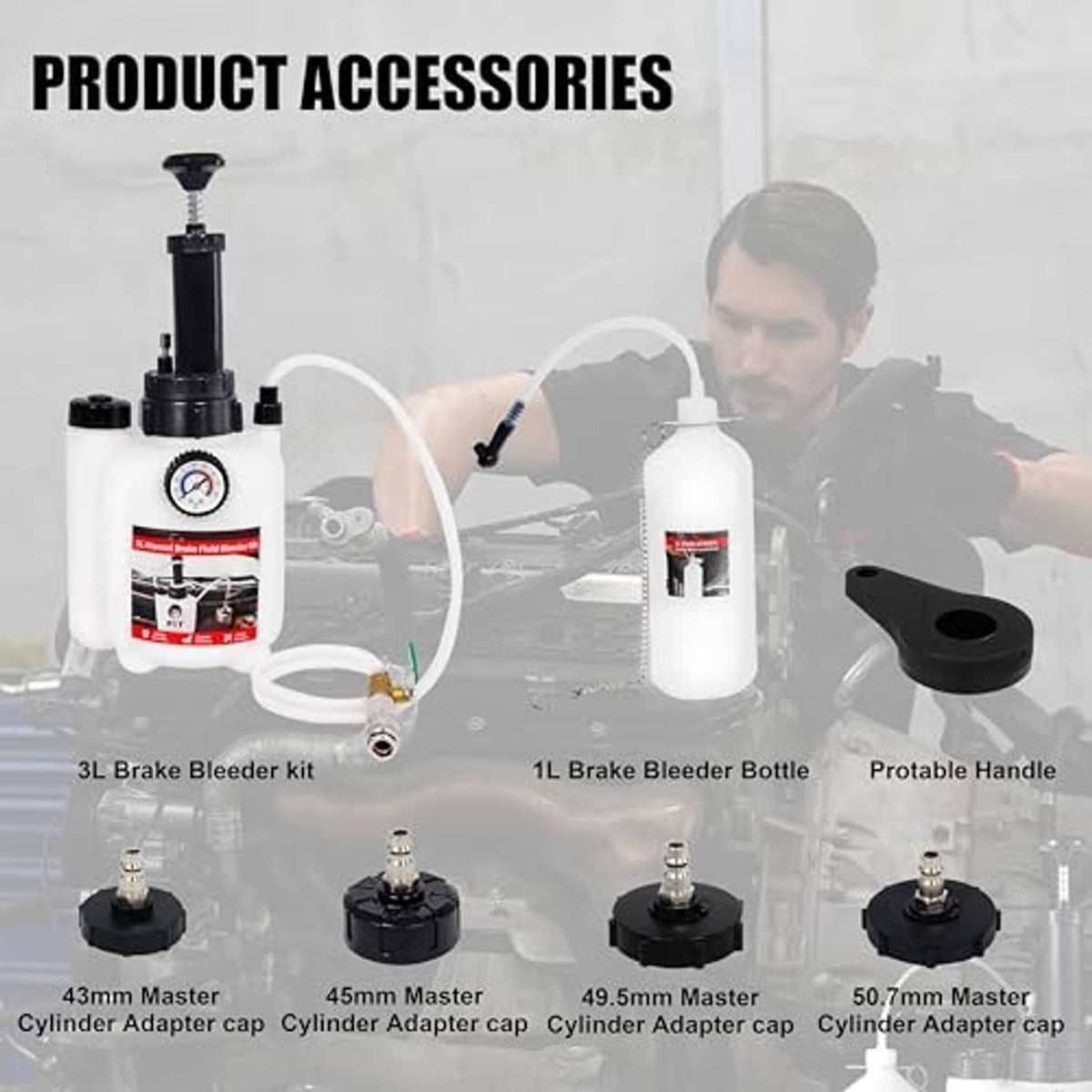 Brake bleeder kit accessories set: manual pump, 3L bottle, 1L bottle, and adapter caps