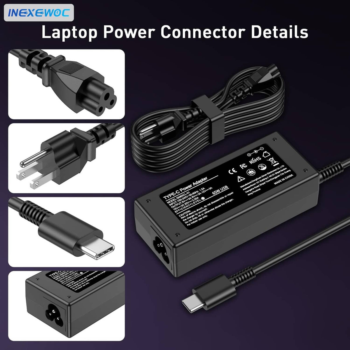 Black 65W USB-C laptop charger with multiple connector tips