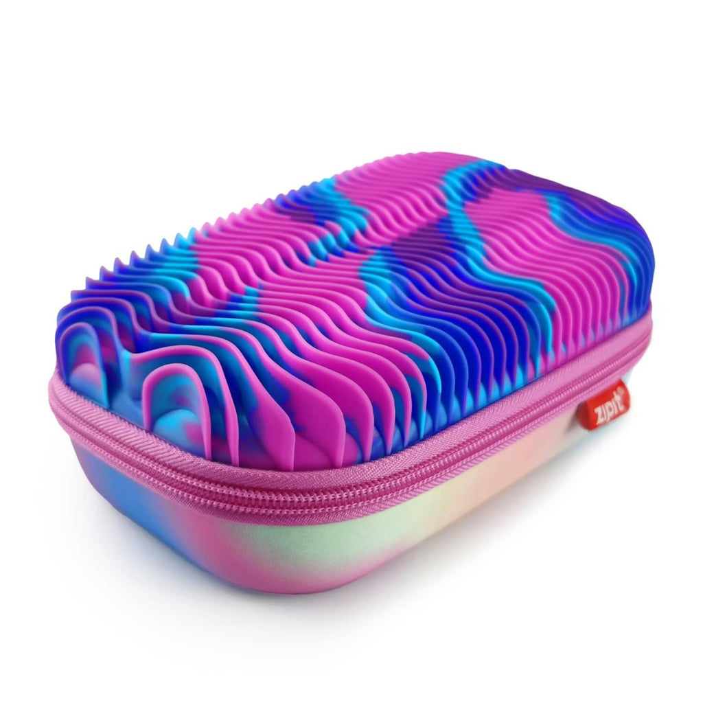 Wavy silicone pencil case with rainbow ridged top, pink zipper, purple-blue base