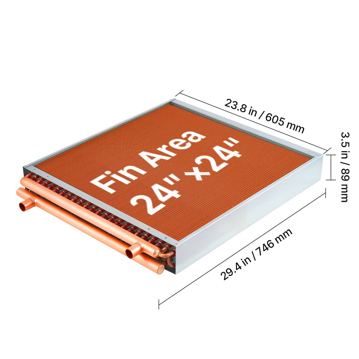 Water-to-air heat exchanger coil with orange-brown fin core and copper tube connections