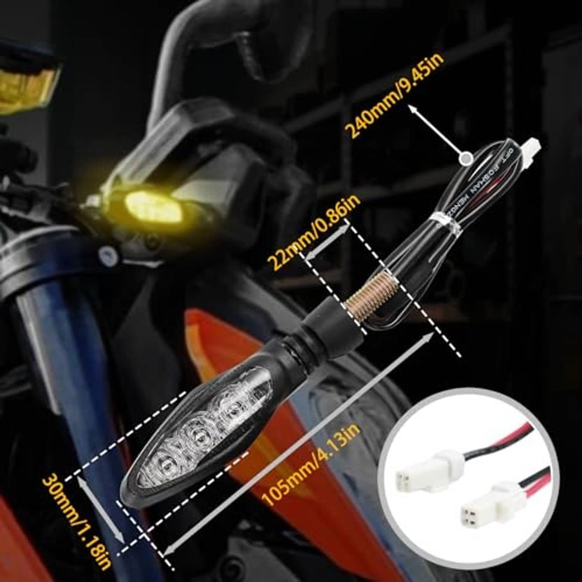 LED motorcycle turn signal light with amber glow, clear lens, and white wiring connector