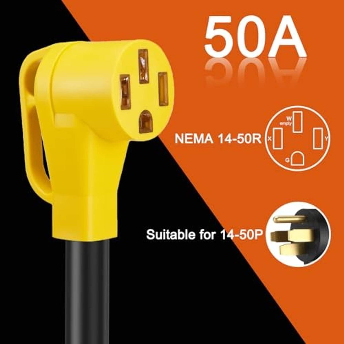 Yellow adapter cord with NEMA 14-50R connector end on black cable, 50A rated