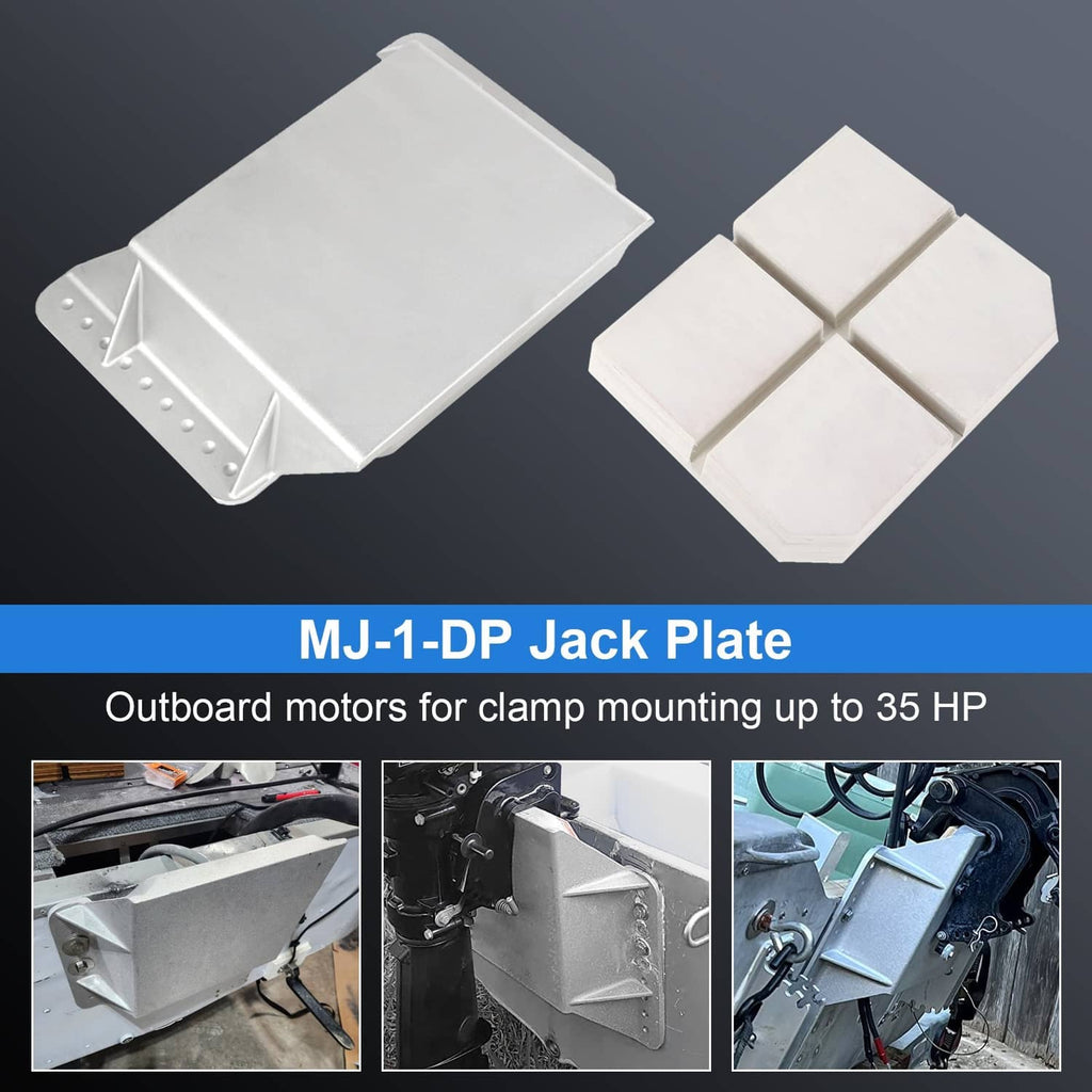 White outboard jack plate and matching split adapter blocks, angled view