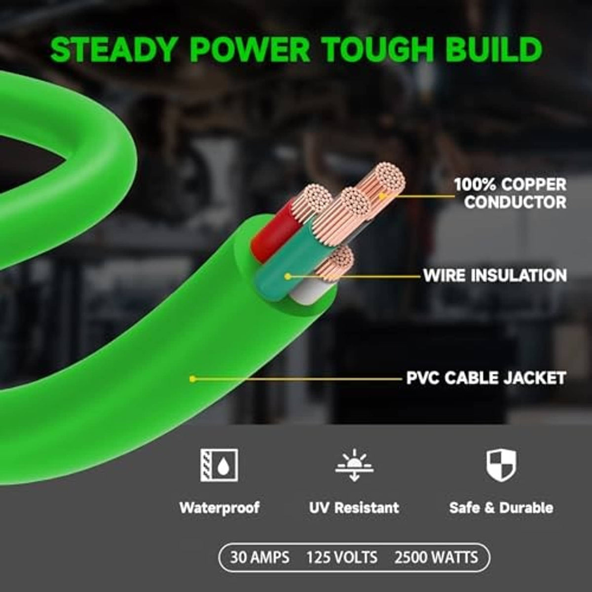 Cross-section of green extension cord wire: copper conductor, insulation, PVC jacket