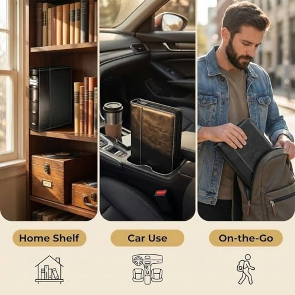 Black CD/DVD binder shown for home shelf, in-car storage, and on-the-go carrying