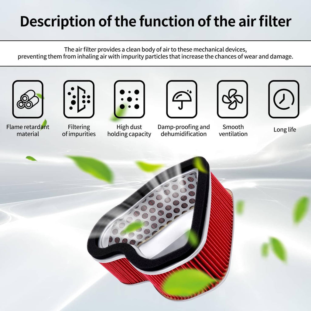 Red pleated motorcycle air filter with black foam gasket and perforated mesh insert