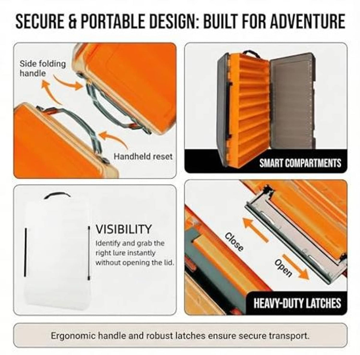 Orange portable tackle box with side folding handle and heavy-duty black latches