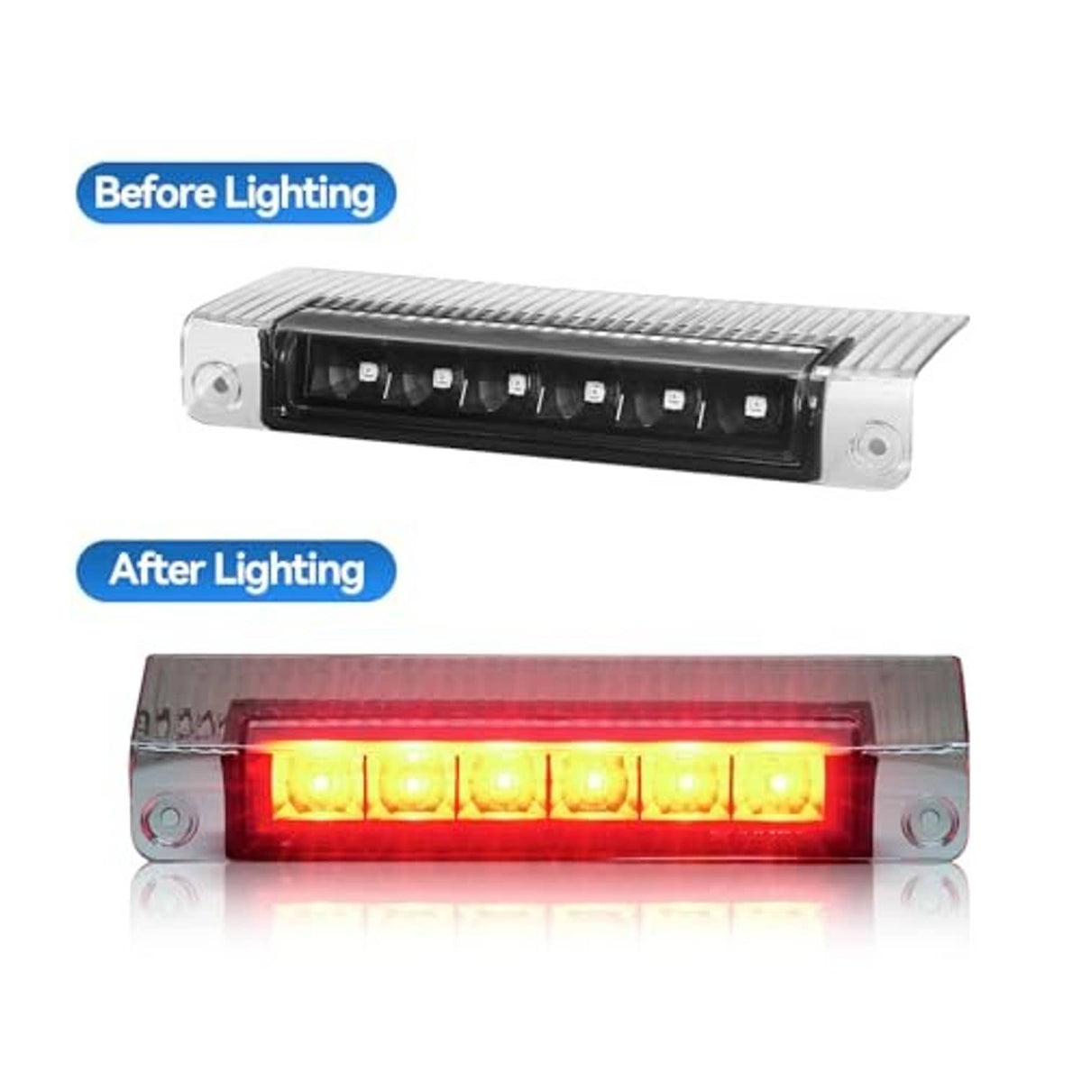 Third brake light with clear lens showing lit red LEDs, before and after