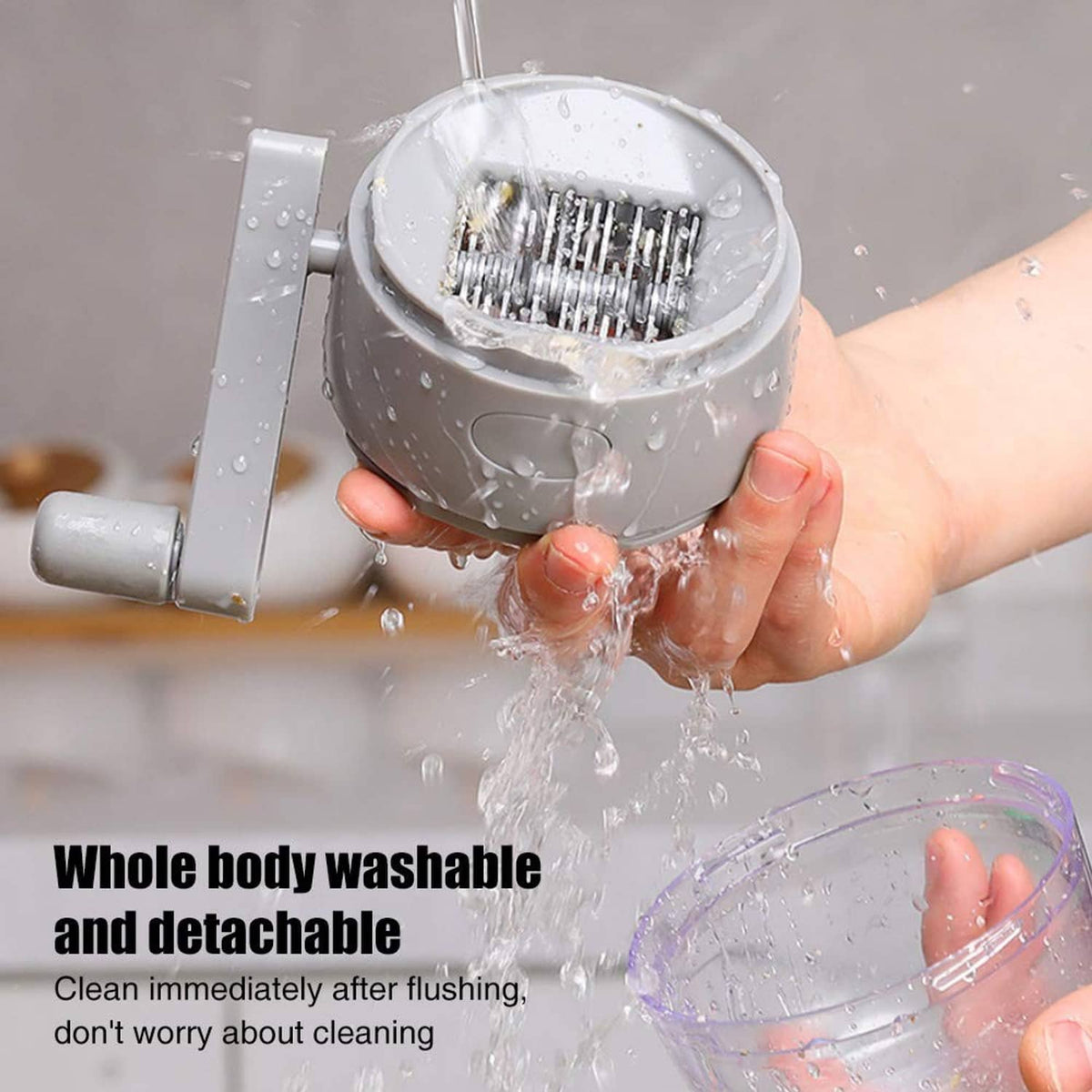 White nut chopper rinsed under water, clear cup with metal grinder teeth