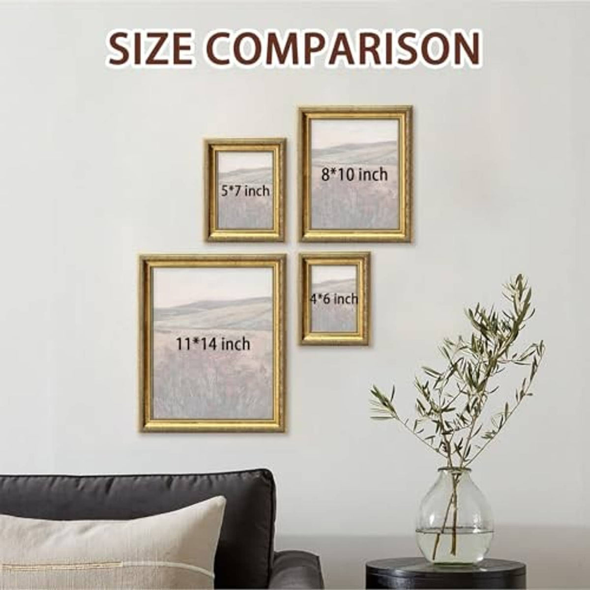 Gold picture frame size comparison set with multiple frame sizes displayed on wall