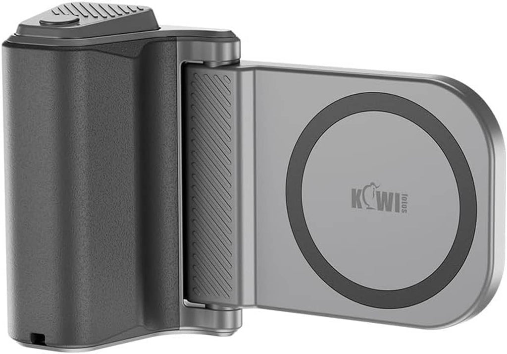 Gray magnetic phone grip with circular MagSafe-style mount and textured handle