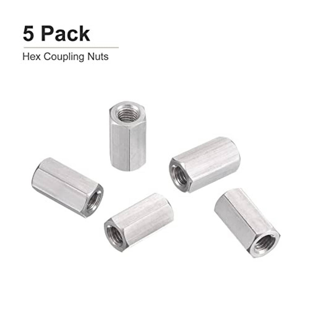 Five hex coupling nuts, silver steel cylinders with hex outer edges and internal threads.